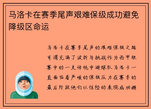 马洛卡在赛季尾声艰难保级成功避免降级区命运